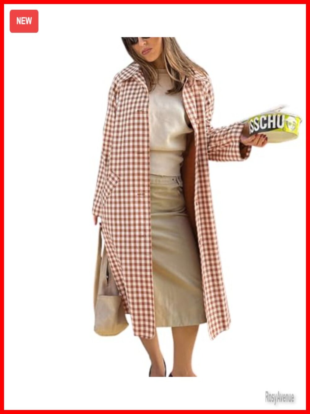 Women's Plaid Long Trench Coat Single Breasted Casual Jacket Overcoat